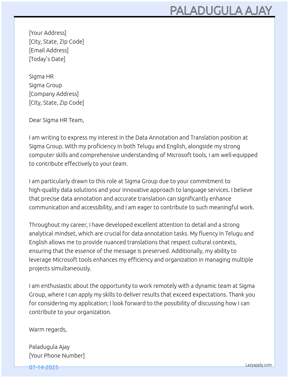 Annotation and translation  At Sigma group  Cover Letter