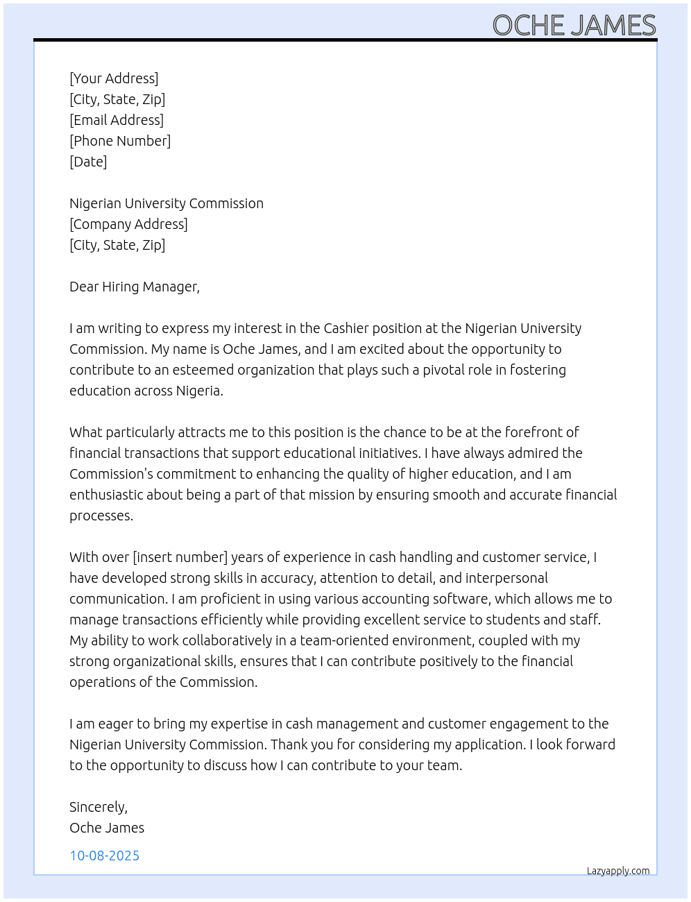 cashier  At Nigerian University Commission  Cover Letter