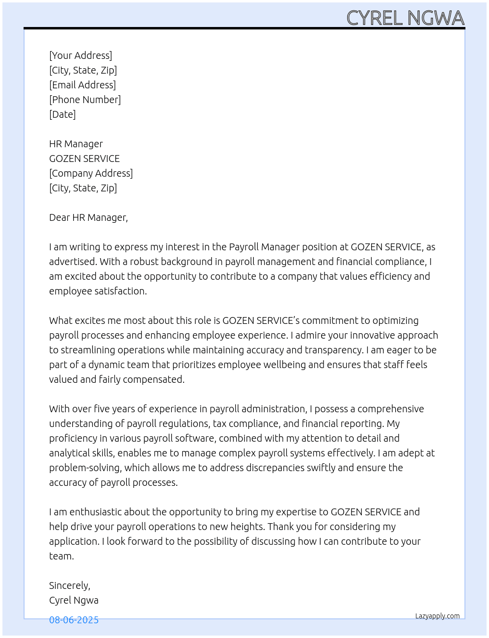 Cover letter for payrol manager - LazyApply