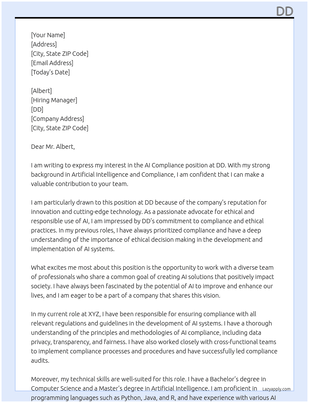AI Compliance  At DD Cover Letter