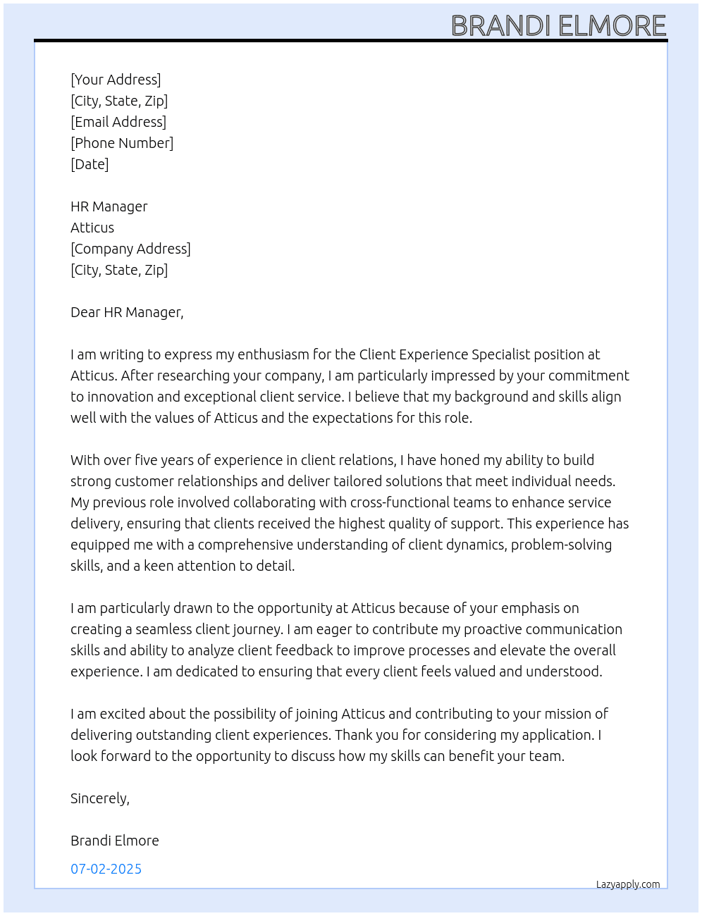 Cover letter for client experience specialist - LazyApply