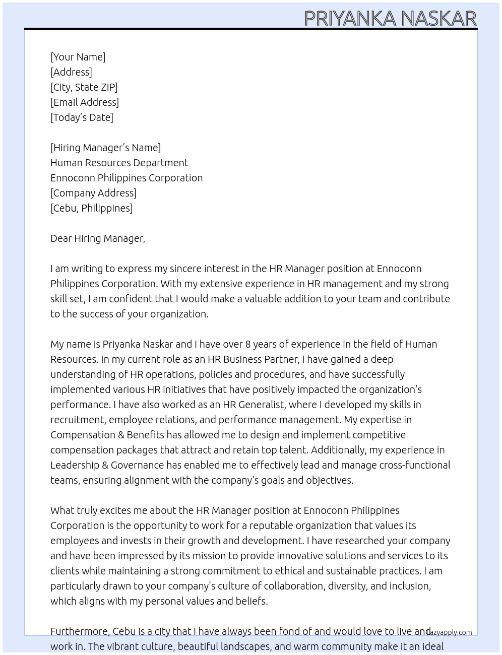 HR Manager At Ennoconn Philippines Corporation Cover Letter