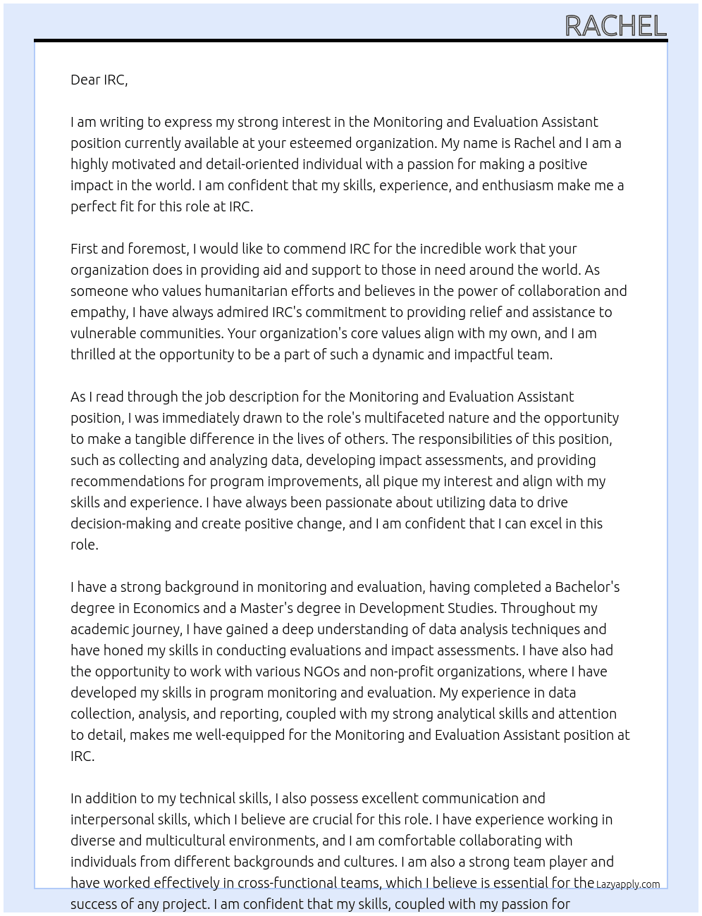monitoring and evaluation assistsnt At IRC Cover Letter