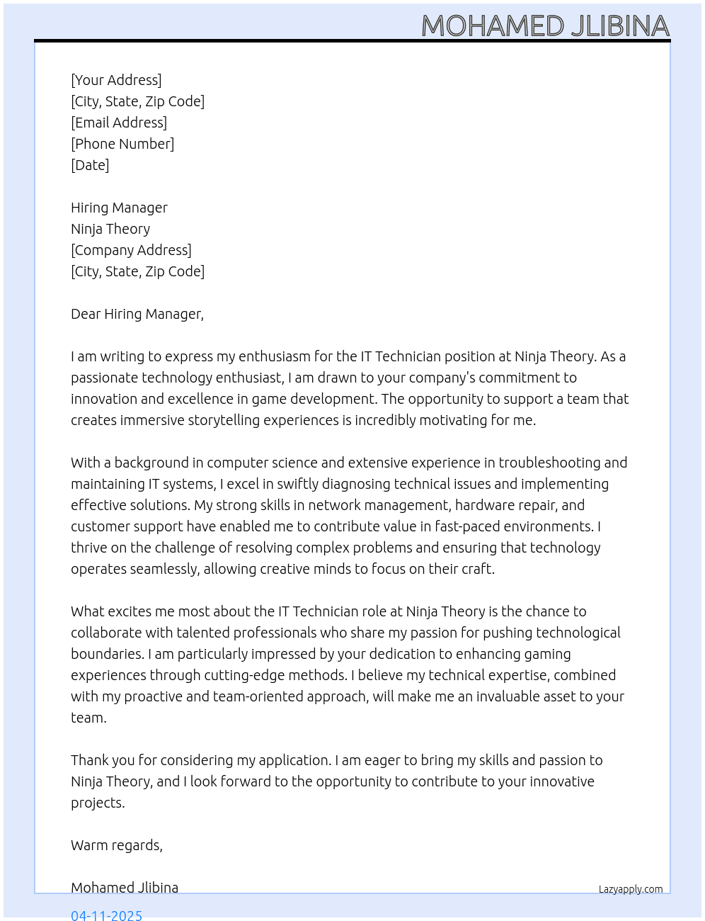 IT technician At Ninja Theory Cover Letter