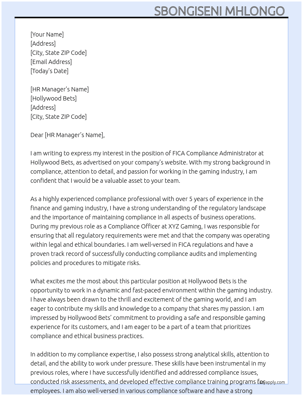 Cover letter for fica compliance administrator - LazyApply