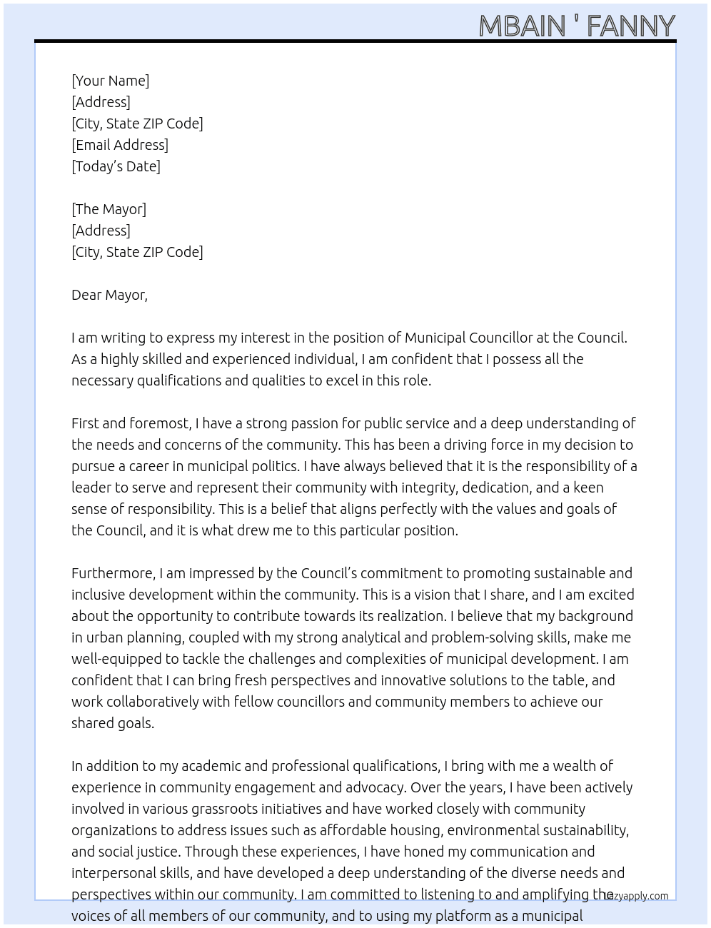 Municipal councillor At Council Cover Letter