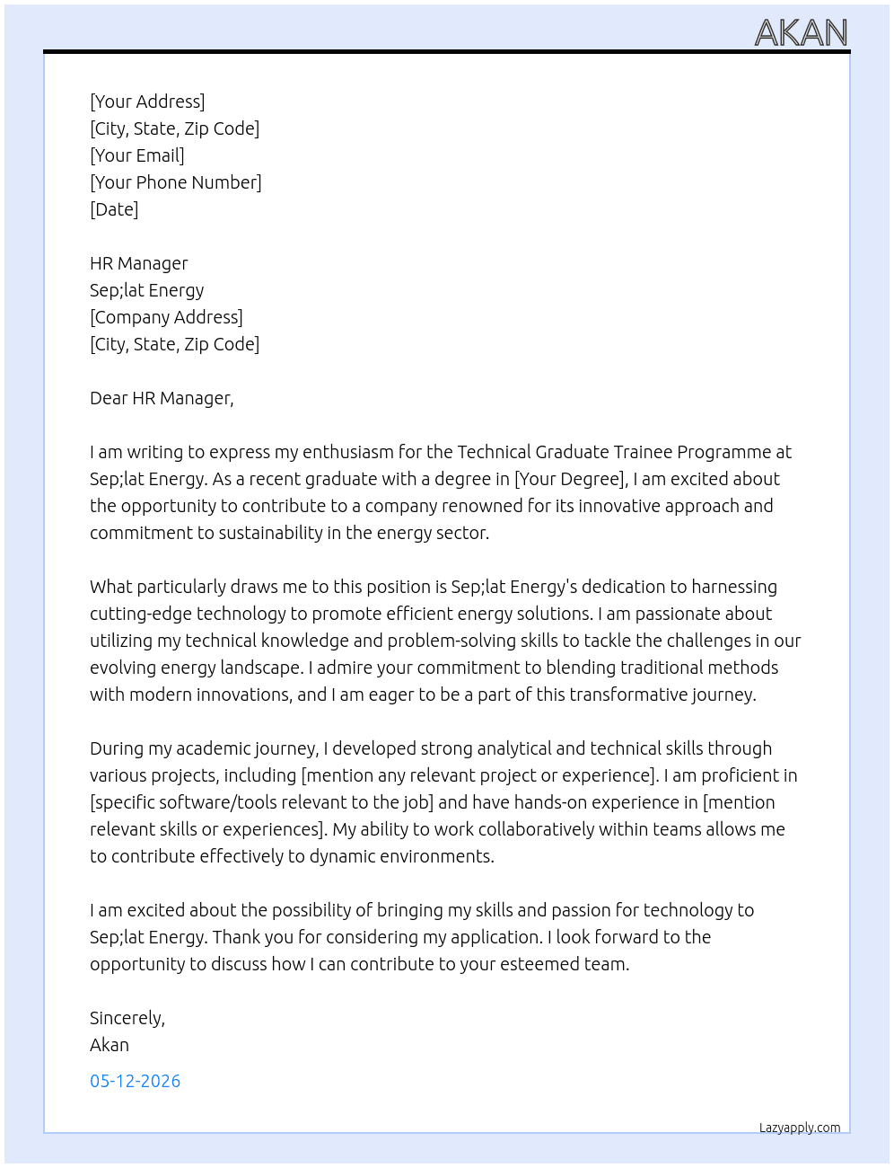 Technical Graduate Trainee Programme At Sep;lat Energy Cover Letter