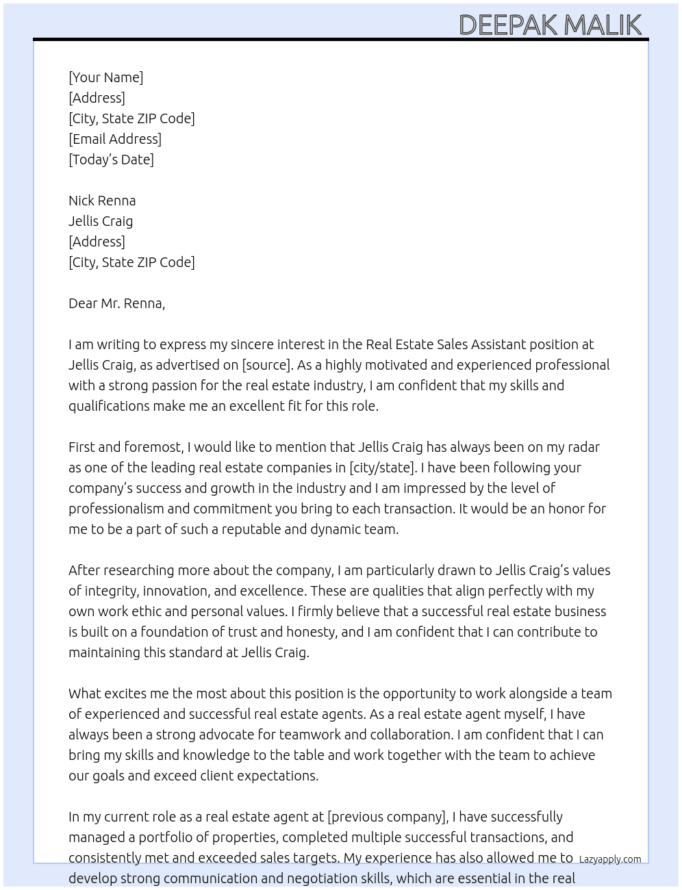 Real estate sales assistant  At Jellis craig Cover Letter