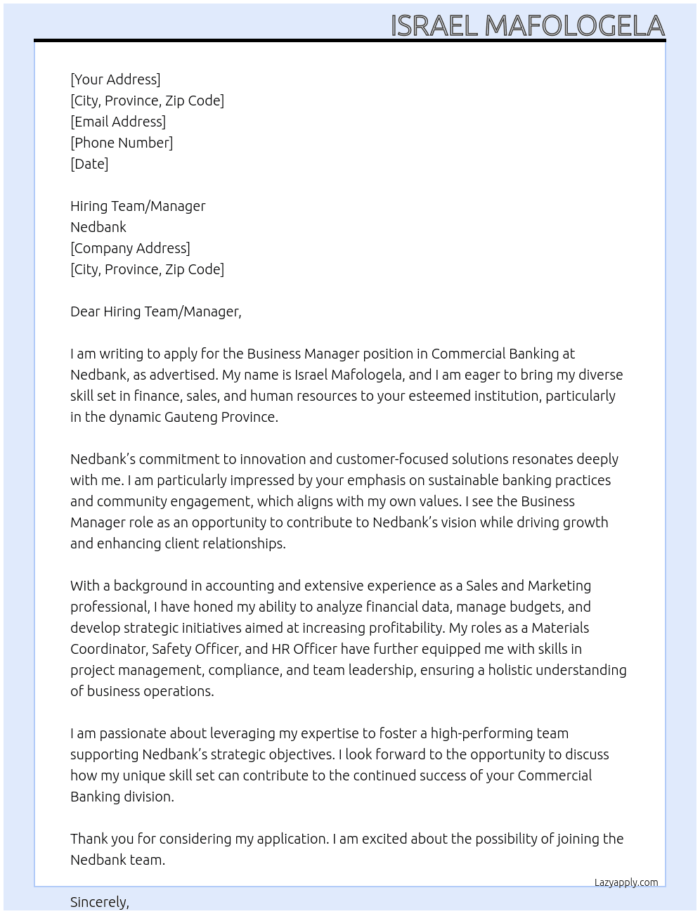 Cover letter for business manager commercial banking - LazyApply