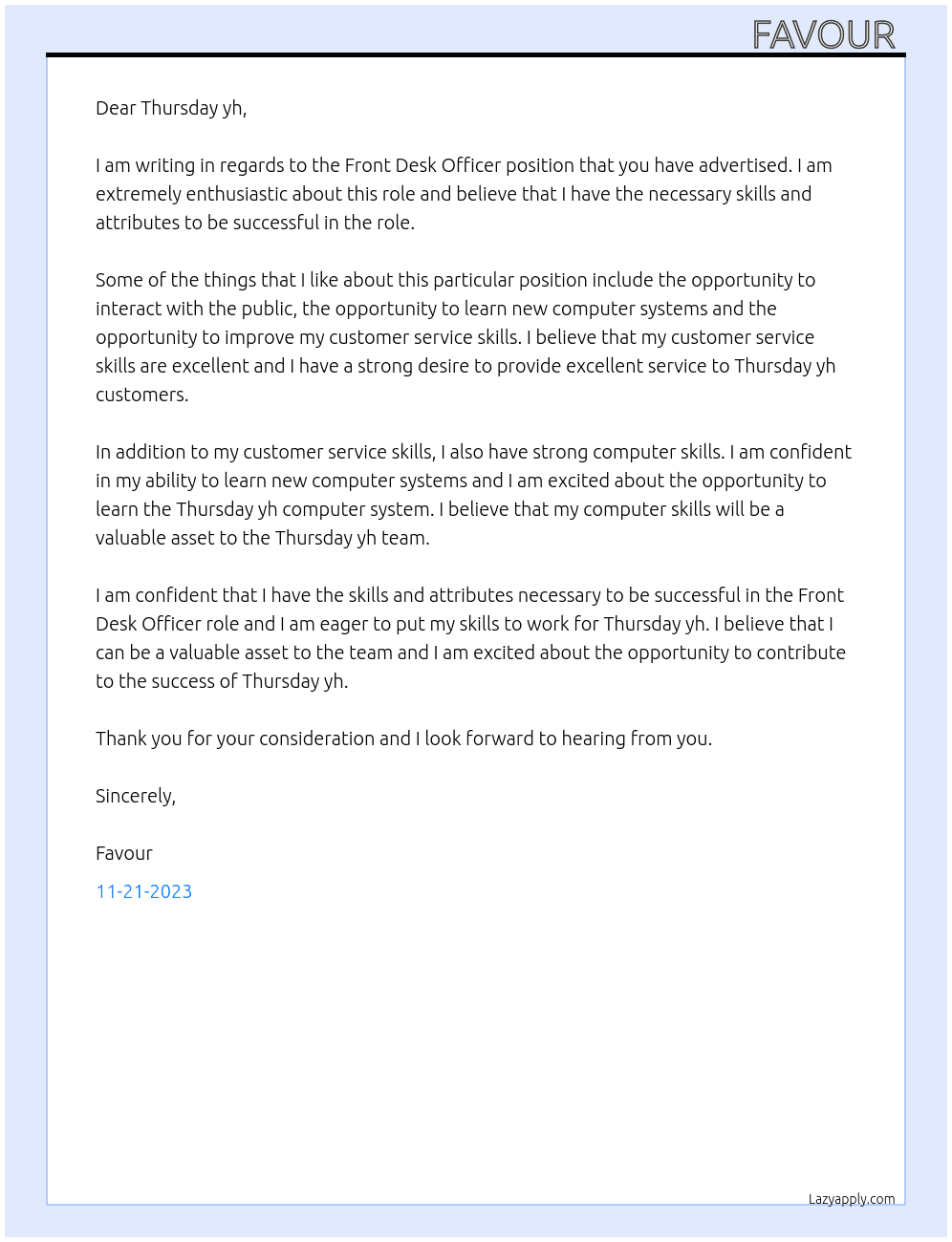 Front desk officer. At Thursday yh Cover Letter