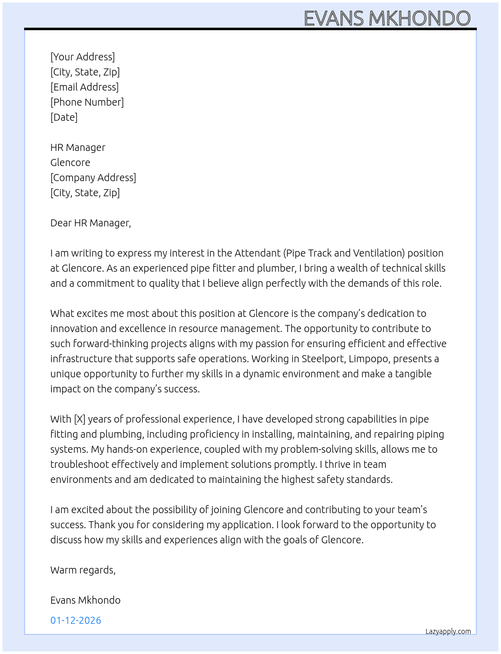 Attendant (Pipe Track and Ventilation) At Glencore  Cover Letter