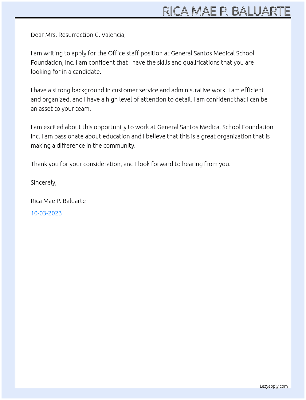 Office staff At General Santos Medical School Foundation, Inc Cover Letter