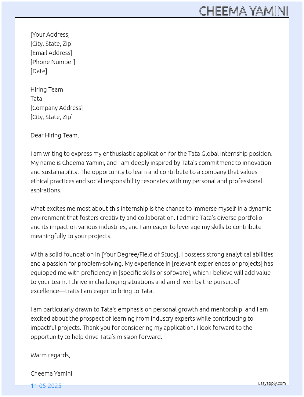 tata global internship At tata Cover Letter