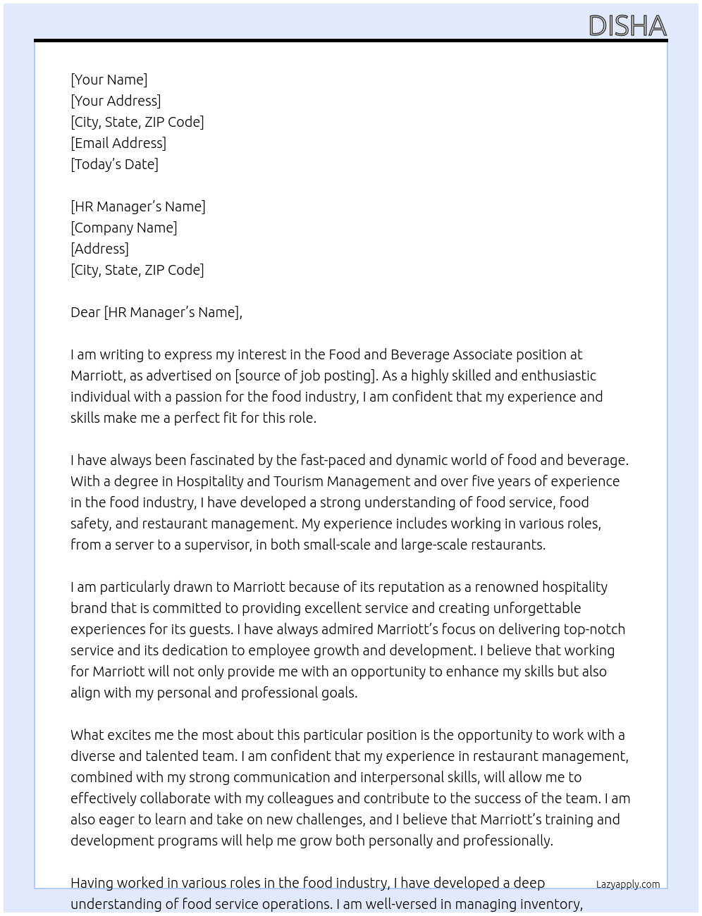 Food and beverage associate At Marriott  Cover Letter