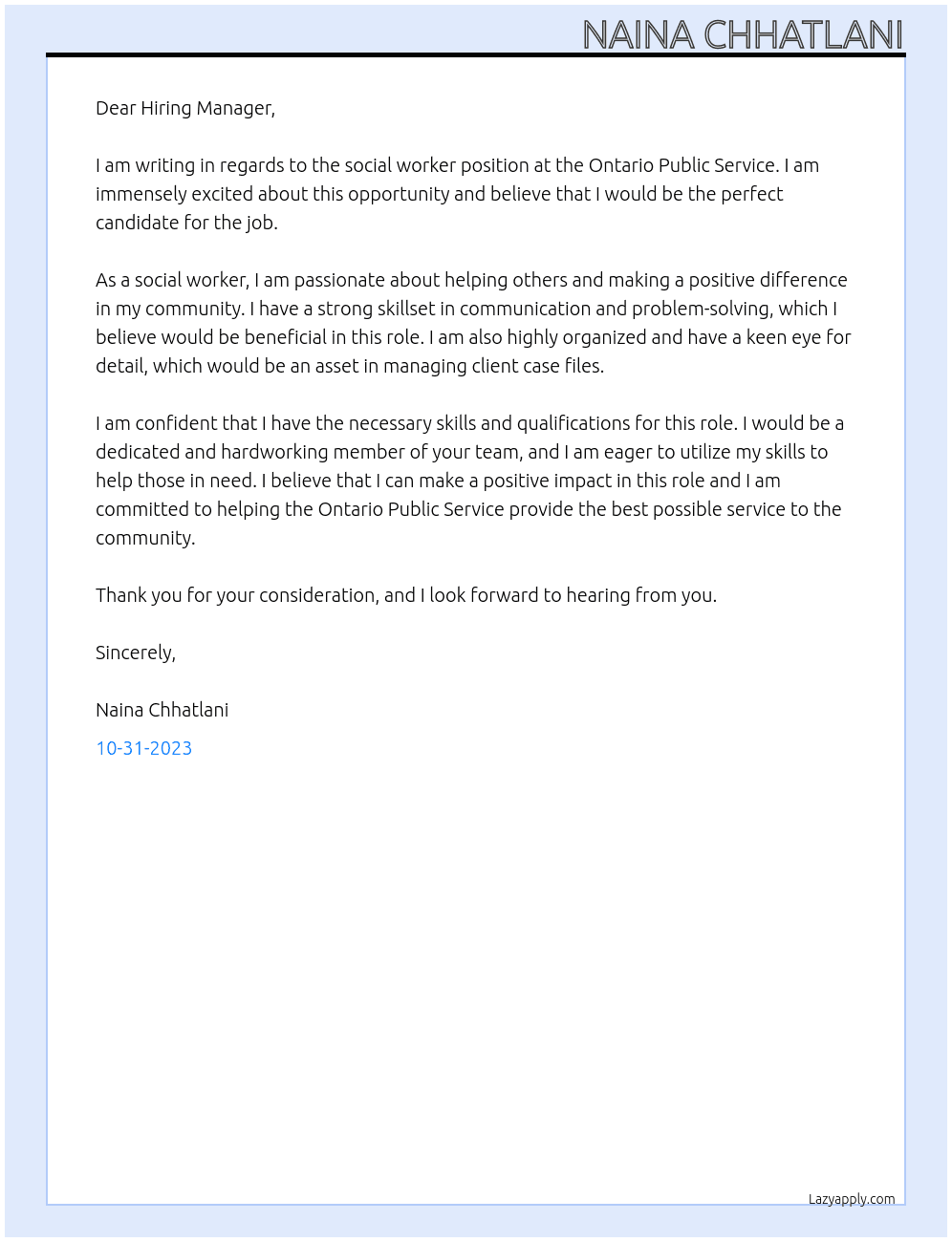 Social worker At Ontario Public Service  Cover Letter
