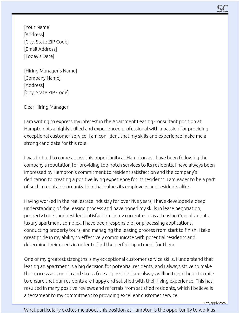 Apartment Leasing Consultant At Hampton Cover Letter