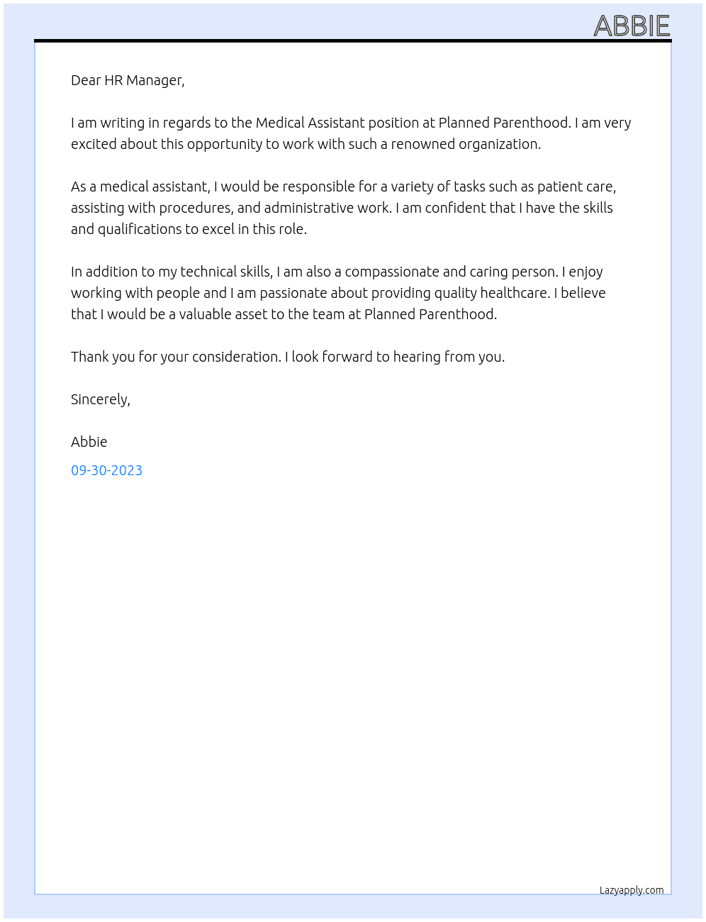 Medical Assistant At Planned Parenthood Cover Letter