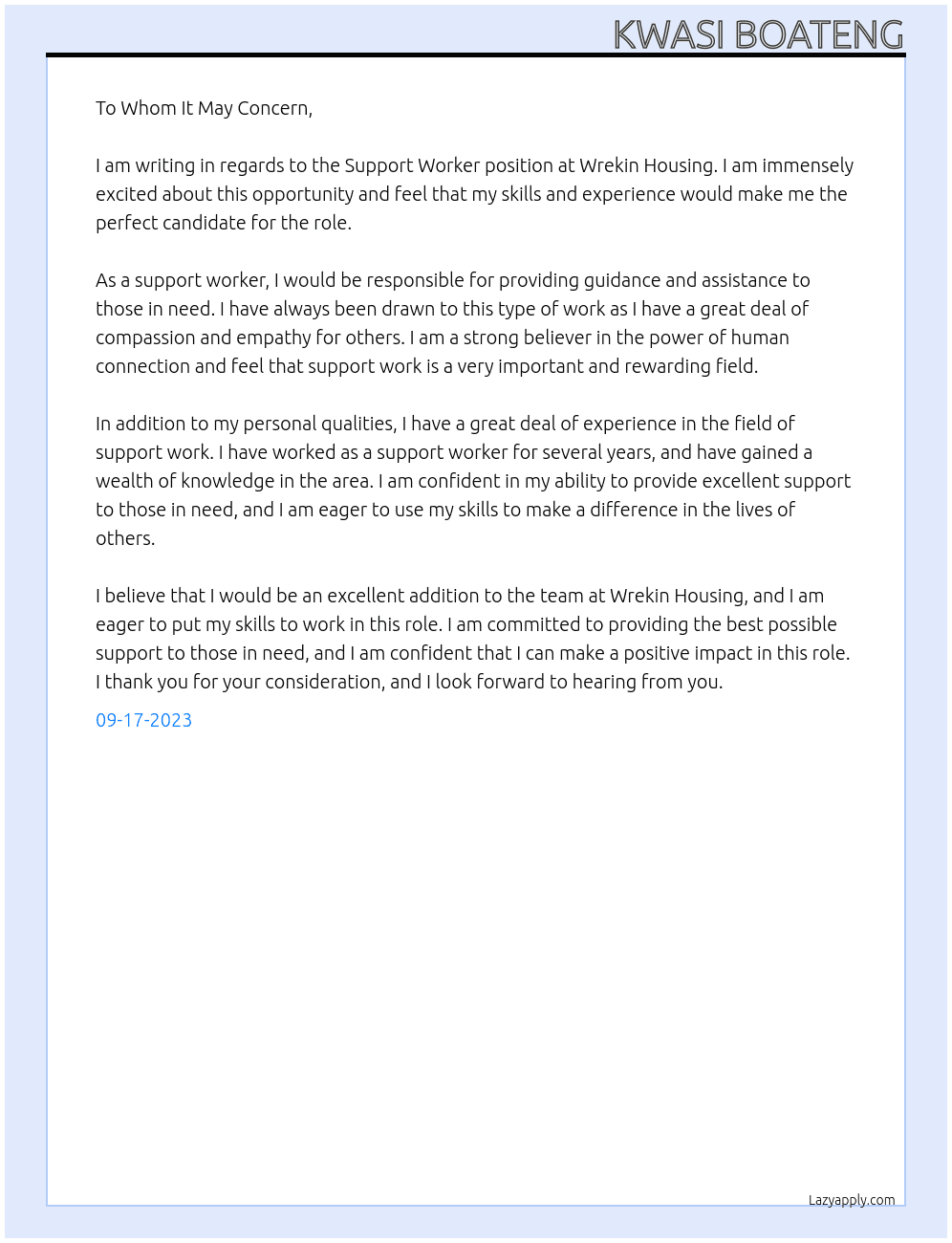 Suppoer Work At Wrekin Housing Cover Letter