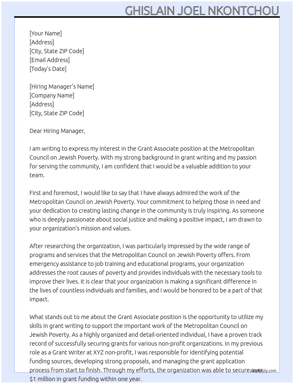 Grant Associate At Metropolitan Council on Jewish Poverty Cover Letter