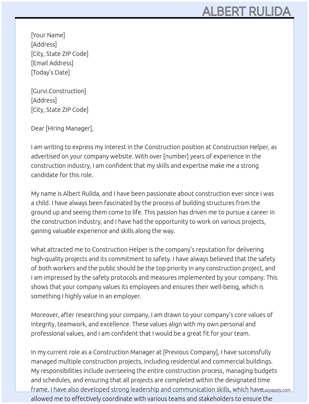 construction At construction helper Cover Letter