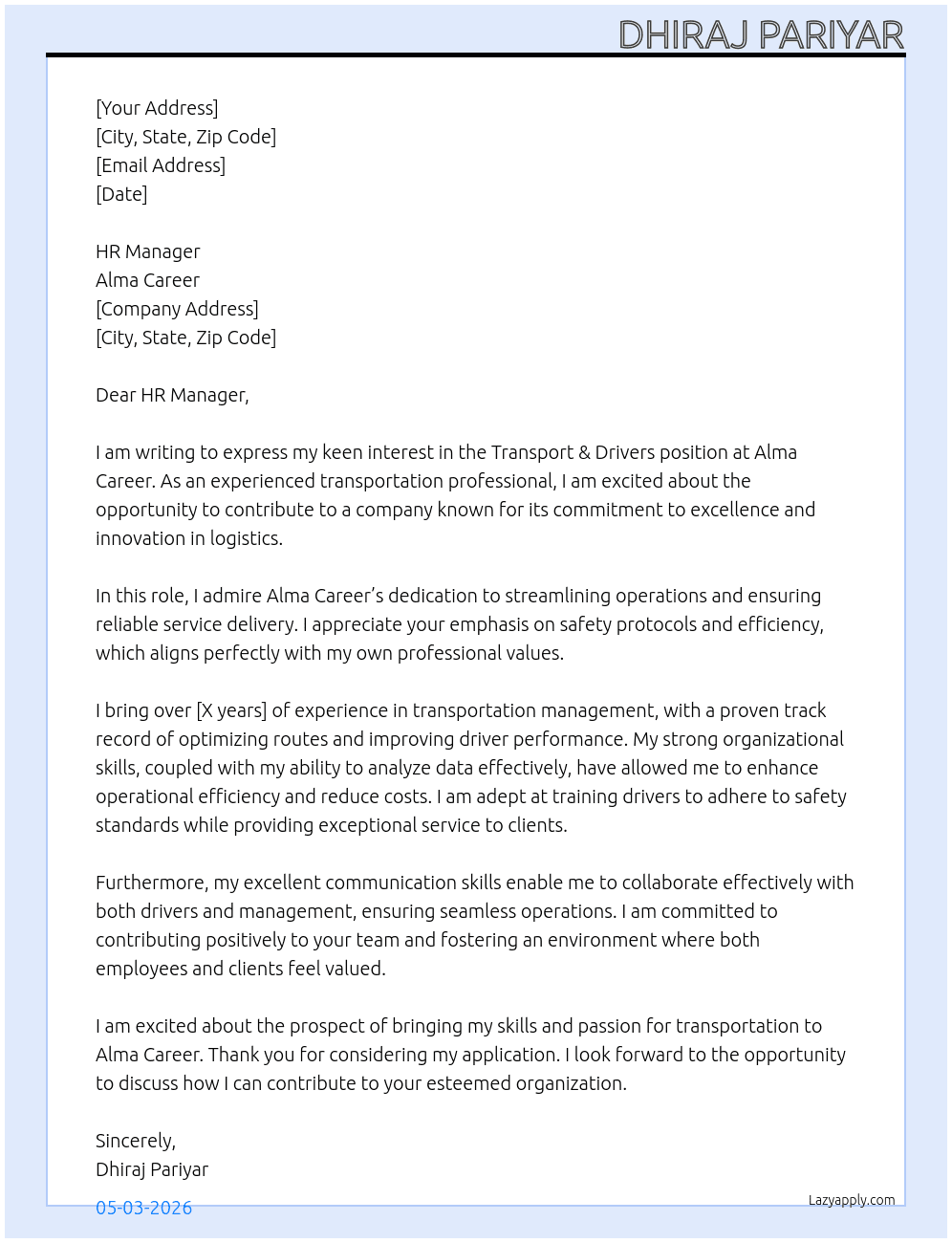 Cover letter for transport & drivers - LazyApply