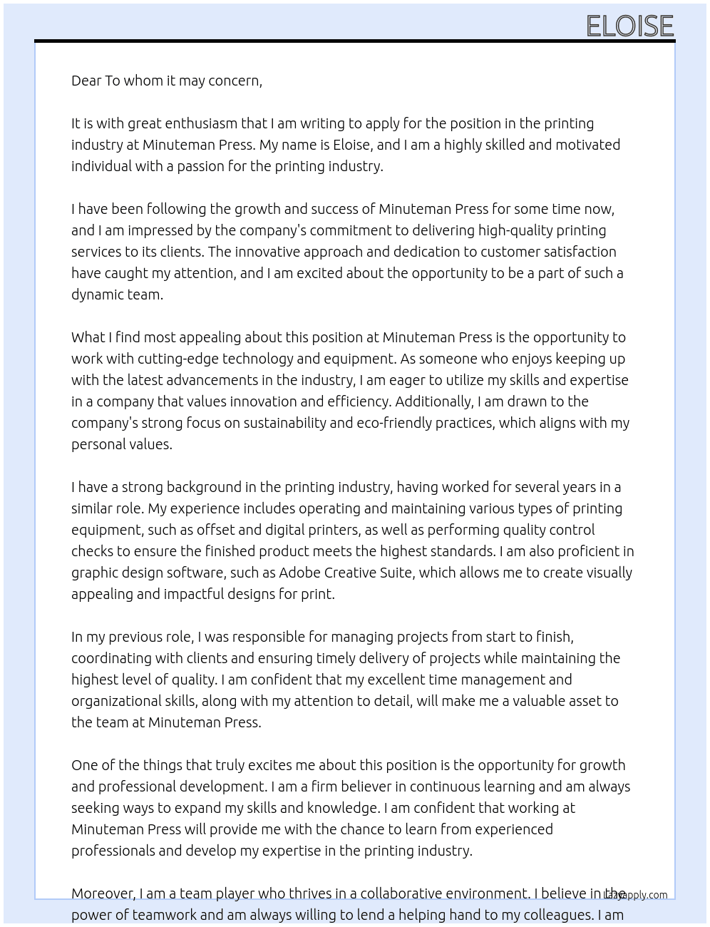 Printing industry At Minuteman Press Cover Letter