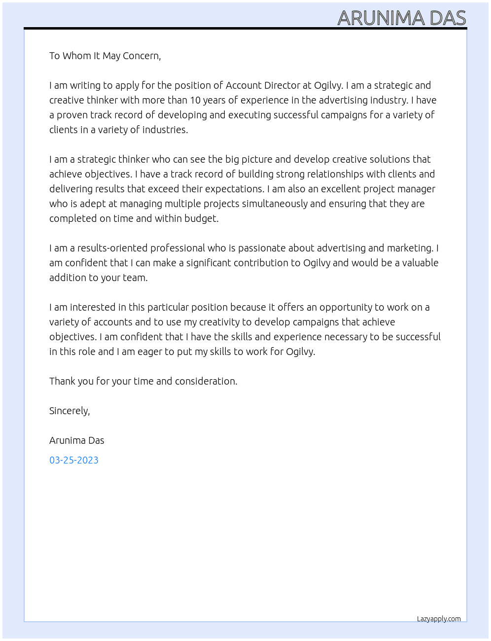 ACCOUNT DIRECTOR At Ogilvy Cover Letter