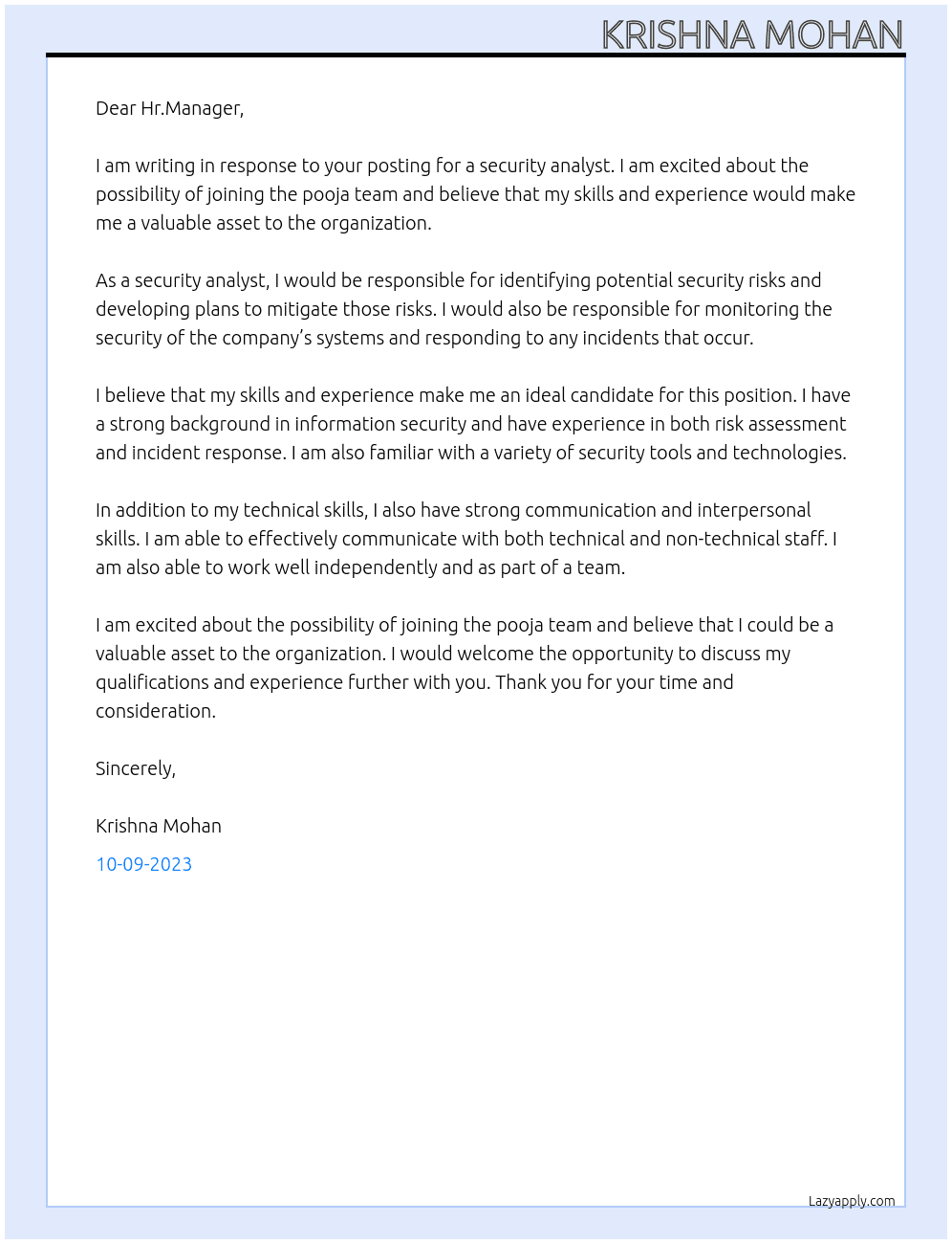 security analyst At pooja Cover Letter