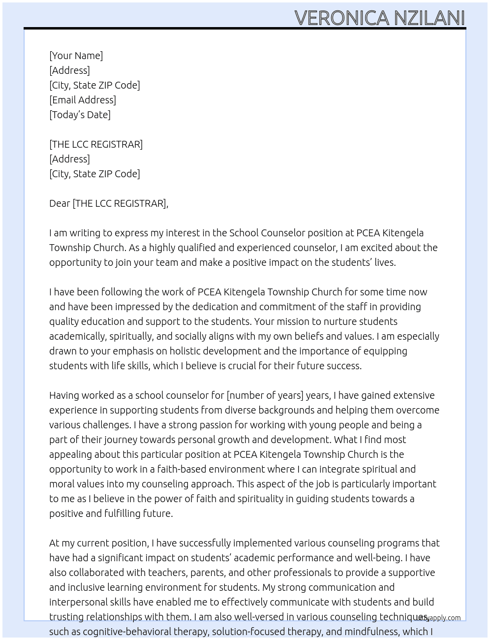 school counselor At PCEA KITENGELA TOWNSHIP CHURCH Cover Letter