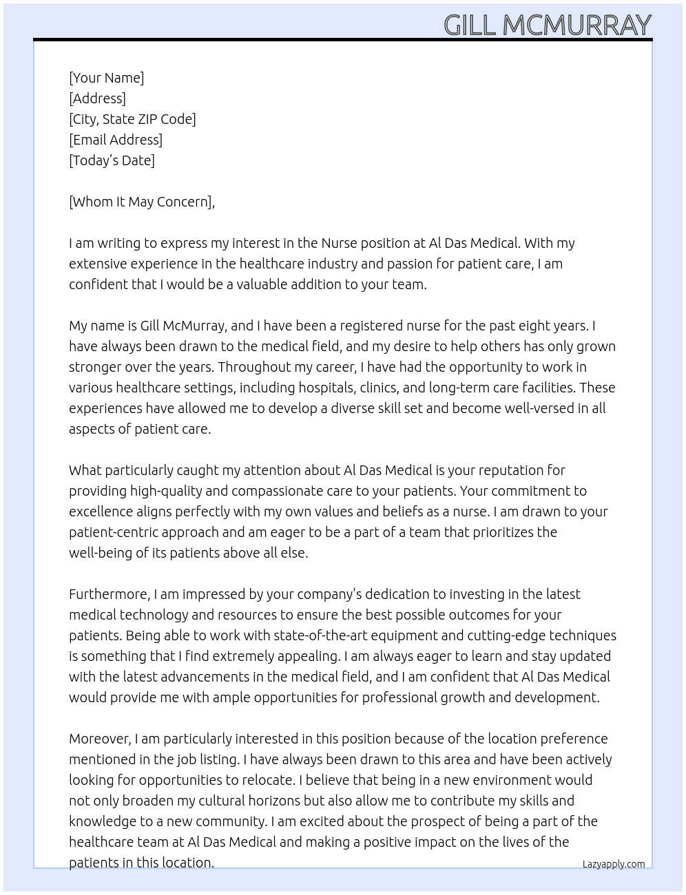 Nurse At Al Das Medical Cover Letter
