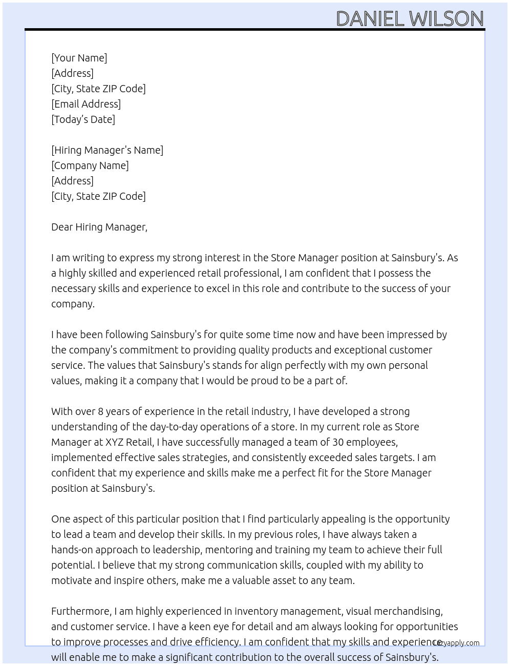 Store Manager At Sainsbury's Cover Letter