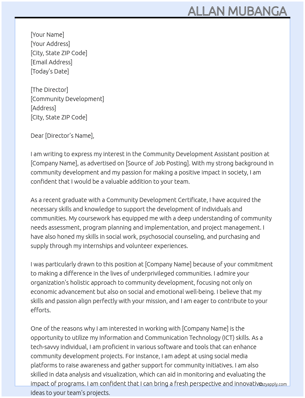 Community Development Assistant At Community Development  Cover Letter