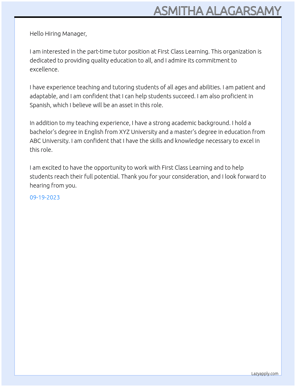 Part-time Tutor At First Class Learning Cover Letter