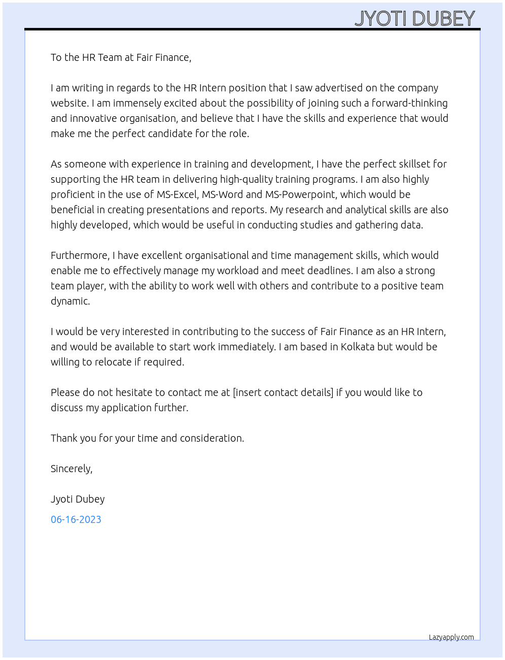 HR Intern  At Fair Finance  Cover Letter
