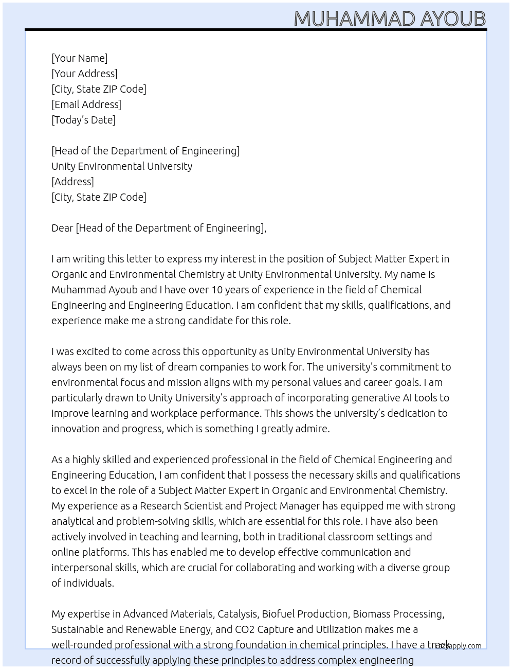 Subject Matter Experts in Organic and Environmental Chemistry At Unity Environmental University Cover Letter