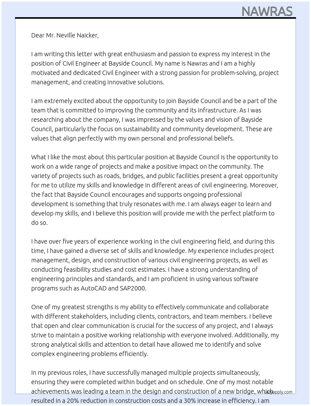 Civil Engineer At Bayside Council Cover Letter