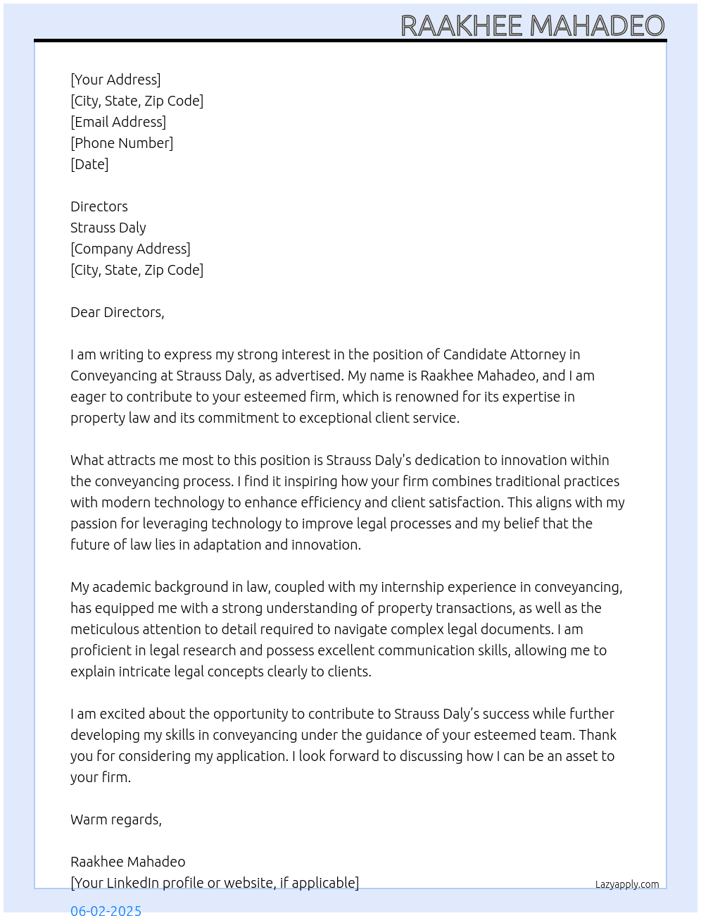 Candidate attorney conveyancing At Strauss Daly  Cover Letter