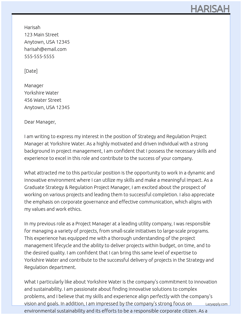 Strategy and Regulation Project Manager. At Yorkshire Water Cover Letter