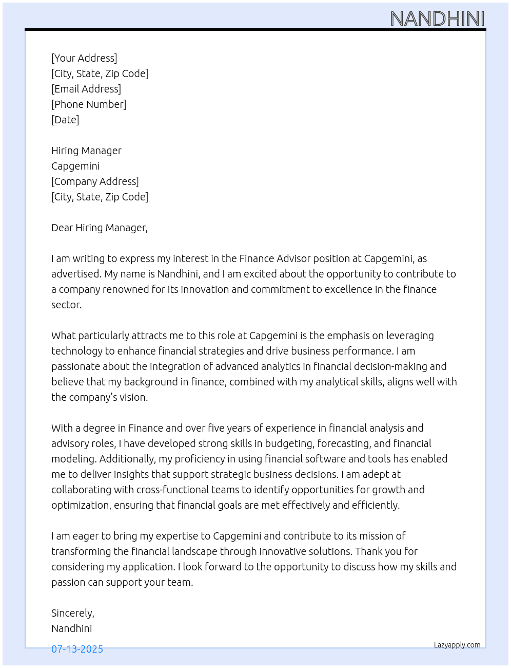 Finance  At Capegemini Cover Letter