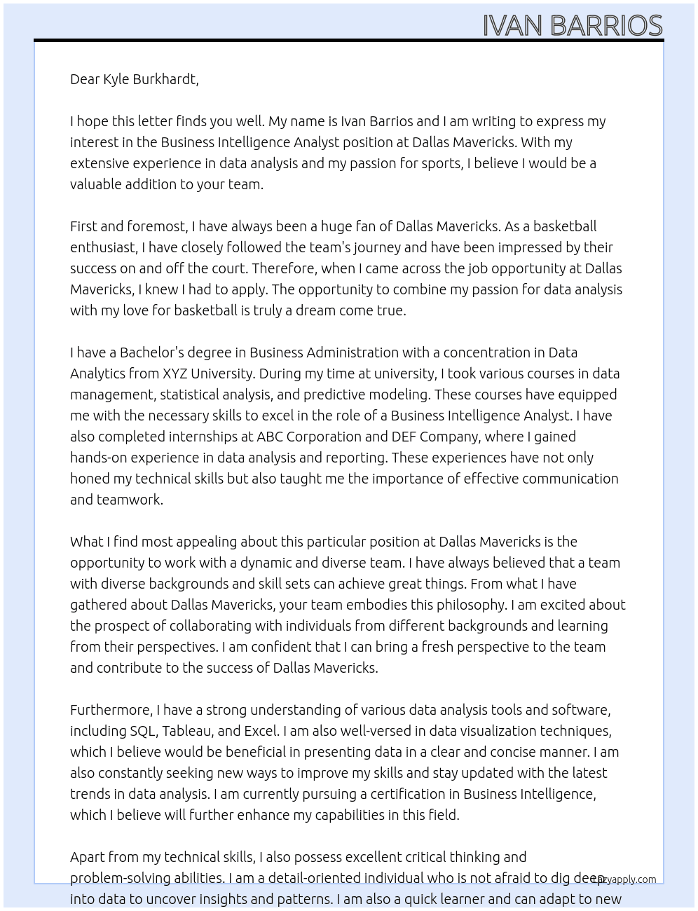 Business Intelligence Analyst At Dallas Mavericks Cover Letter