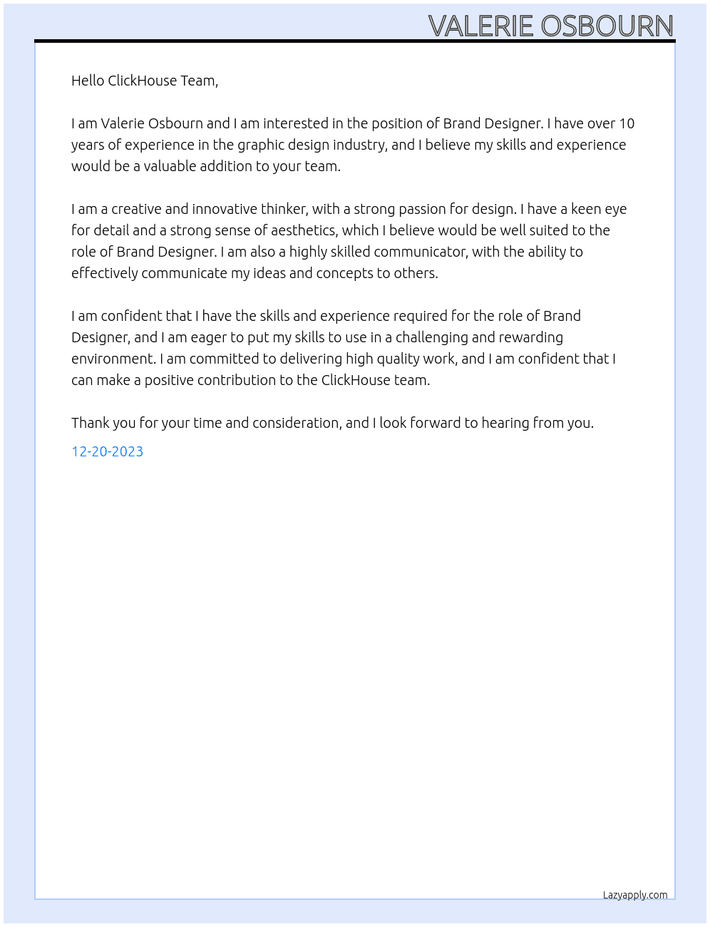 Brand Designer At ClickHouse Cover Letter