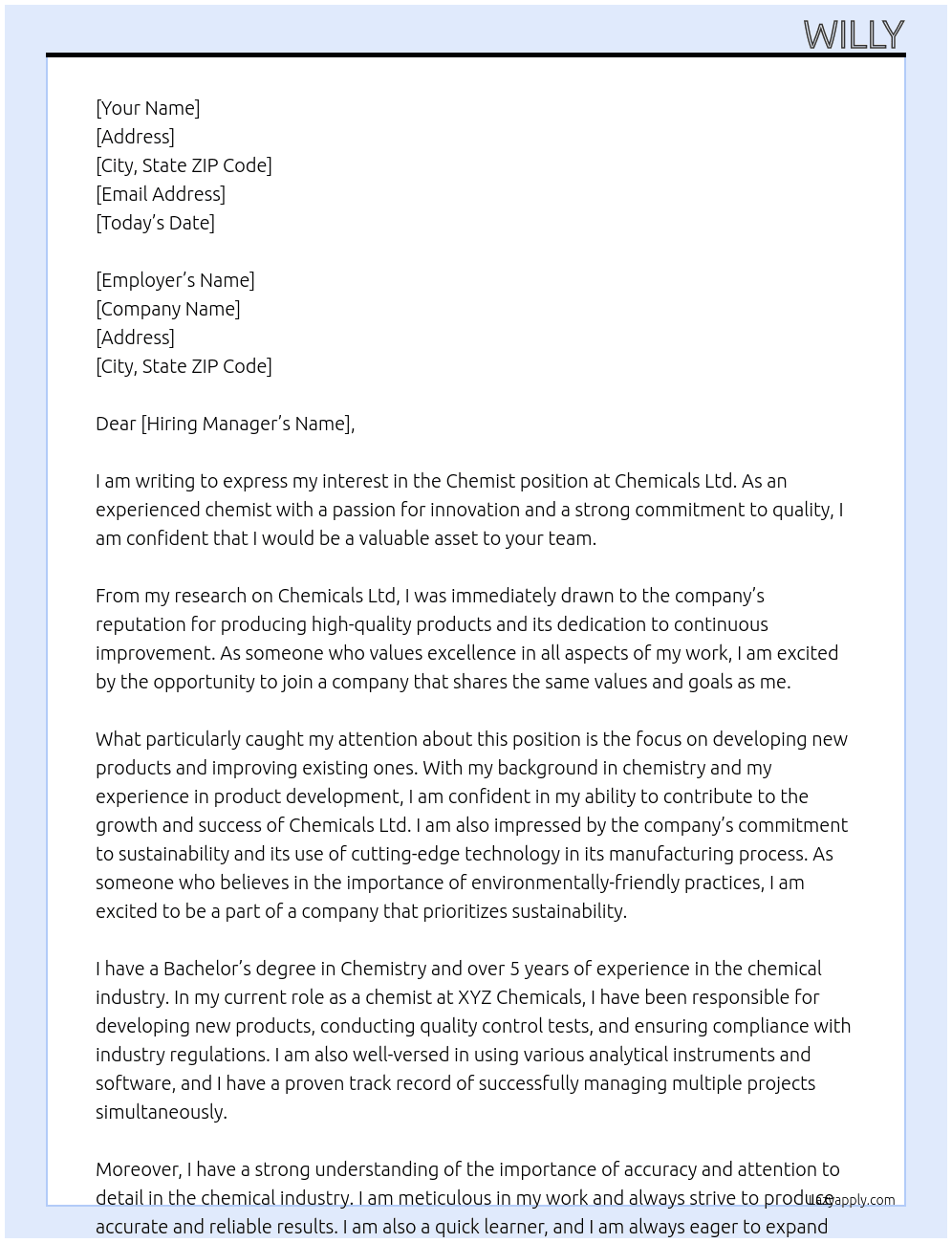 chemist At chemicals ltd Cover Letter