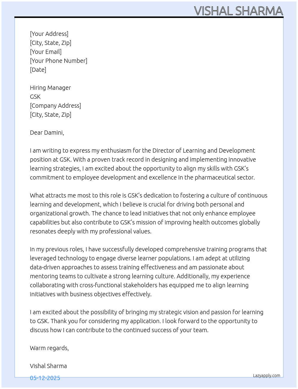 Director Learning and Development At GSK Cover Letter