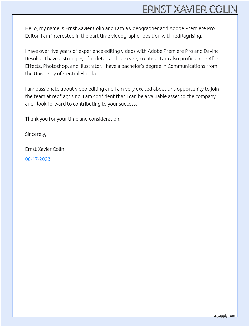 Videographer At redflagrising Cover Letter