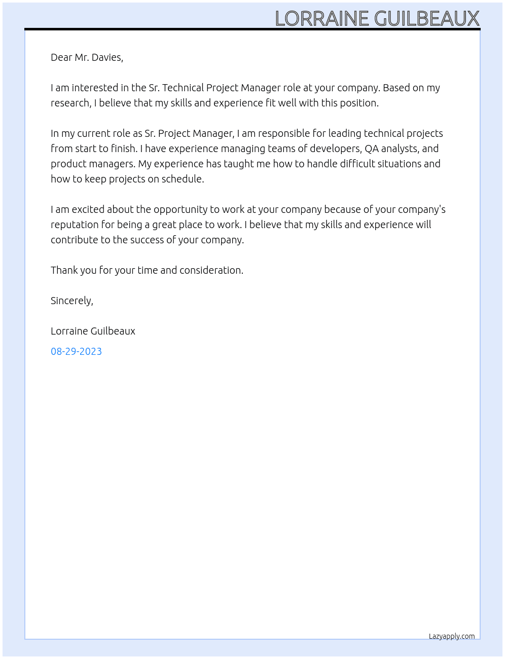 Sr. Technical Project Manager At Sr. Project Manager Cover Letter