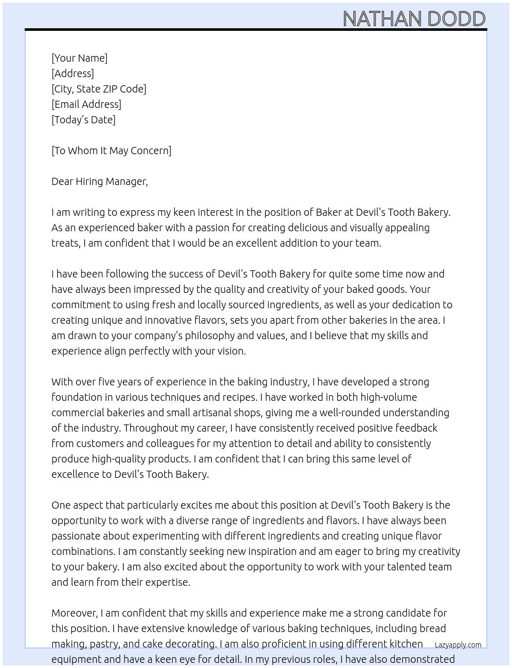 Baker At Devil's Tooth Bakery Cover Letter