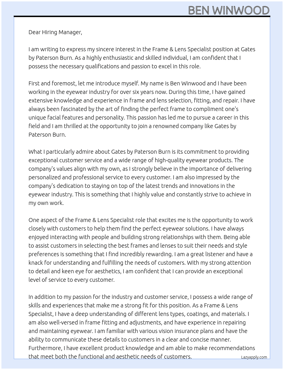 Frame & Lens Specialist At Gates by Paterson Burn Cover Letter