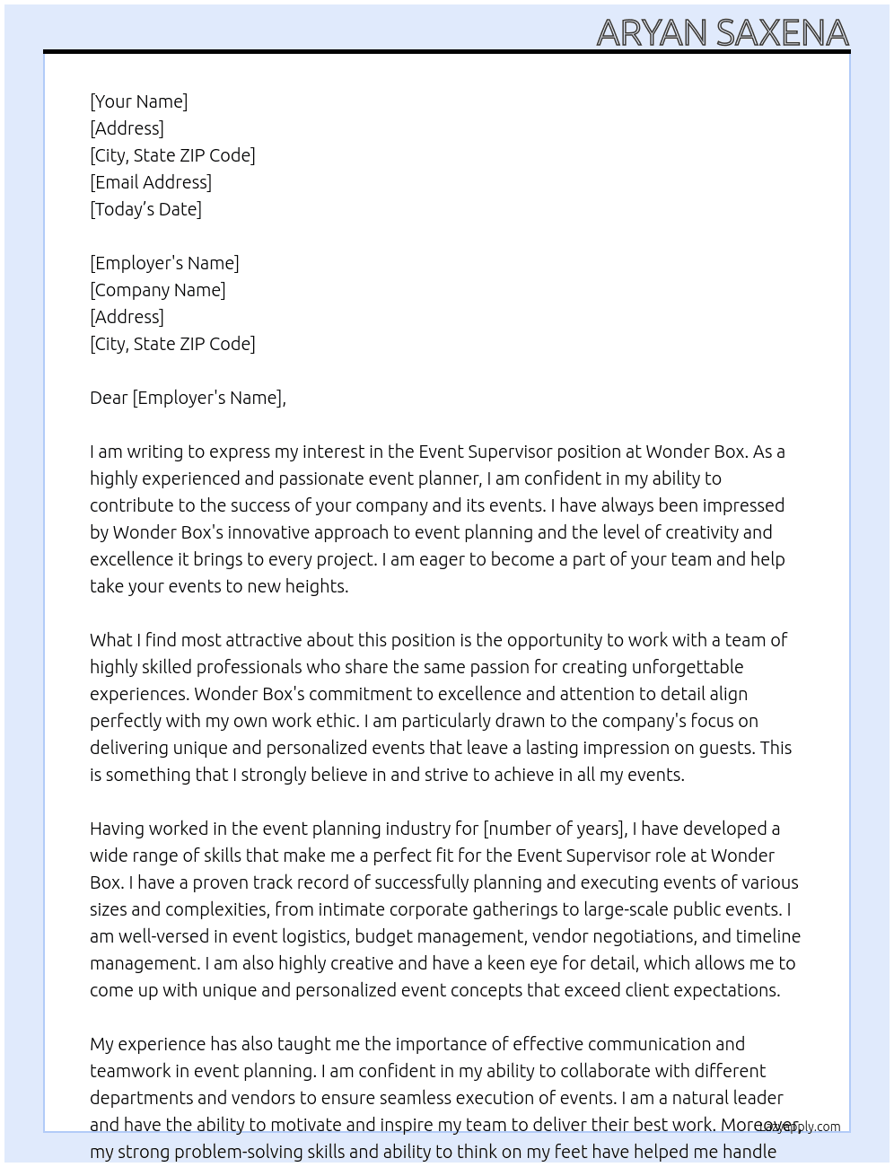 event supervisor At wonder box Cover Letter