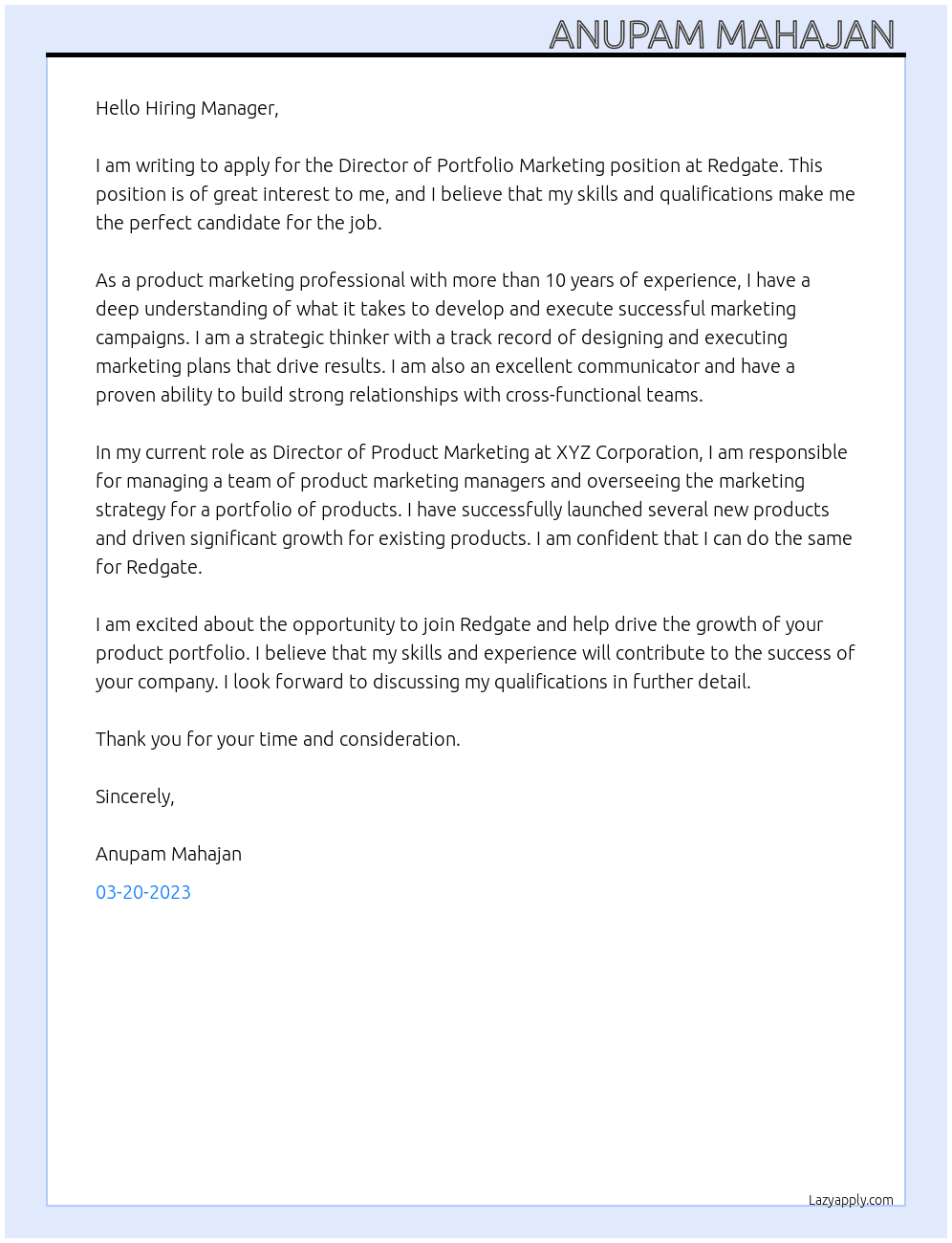 Director of Portfolio Marketing  At Redgate Cover Letter