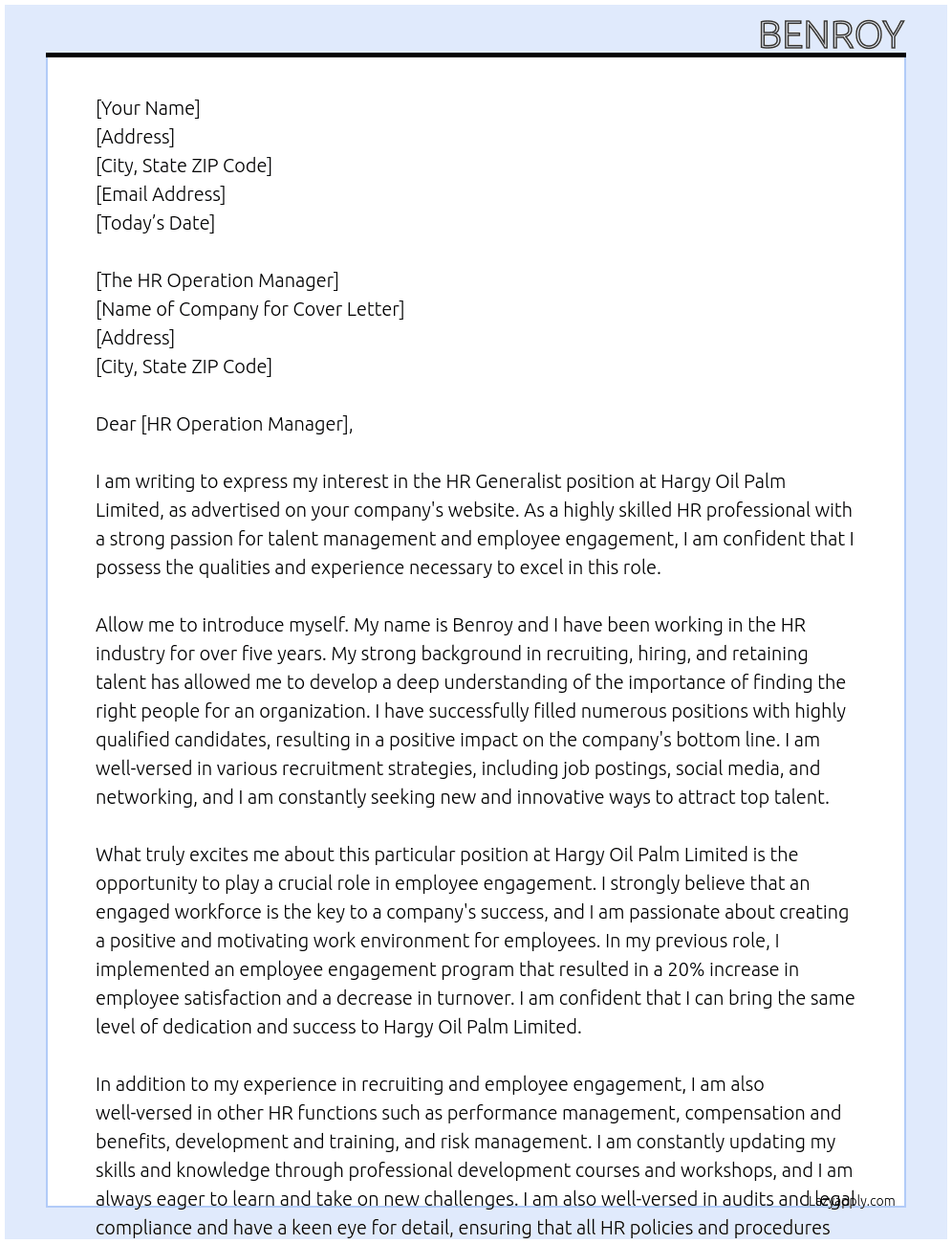 HR GENERALIST At Hargy Oil Palm Limited Cover Letter